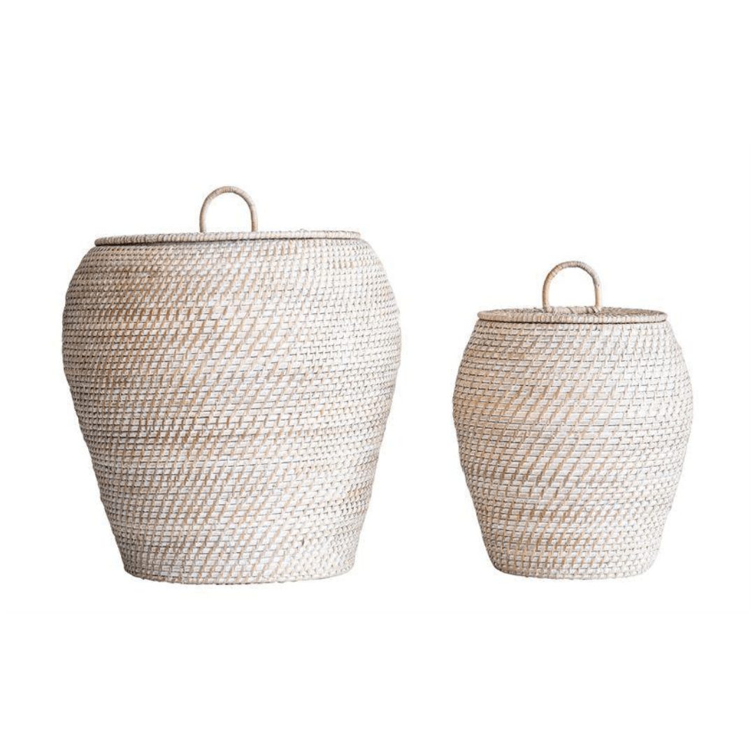 Whitewashed Rattan Storage Basket w/ Lid Megan Molten