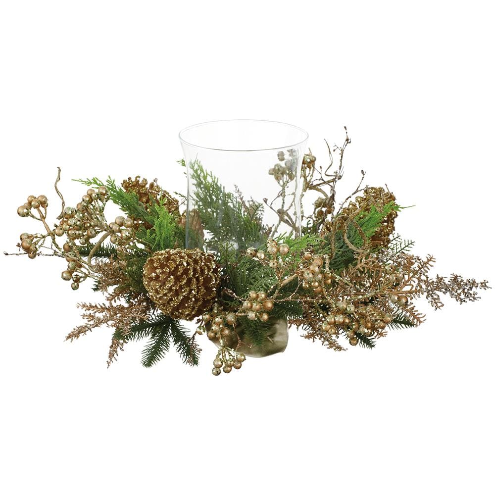 Allstate Floral Glittered Pine Cone/ Berry Centerpiece With Glass Candleholder Candle Holders XDC544-GO