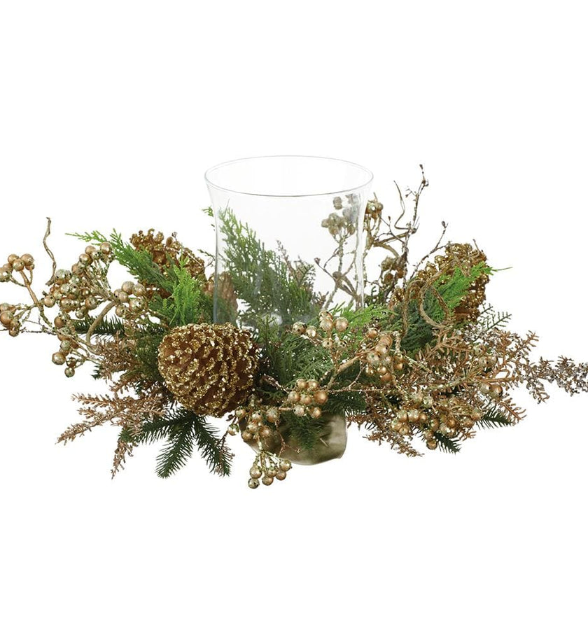Glittered Pine Cone/Berry Centerpiece With Glass Candleholder