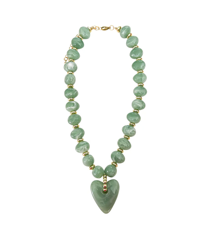 Athens Green Beaded Necklace with Heart Charm