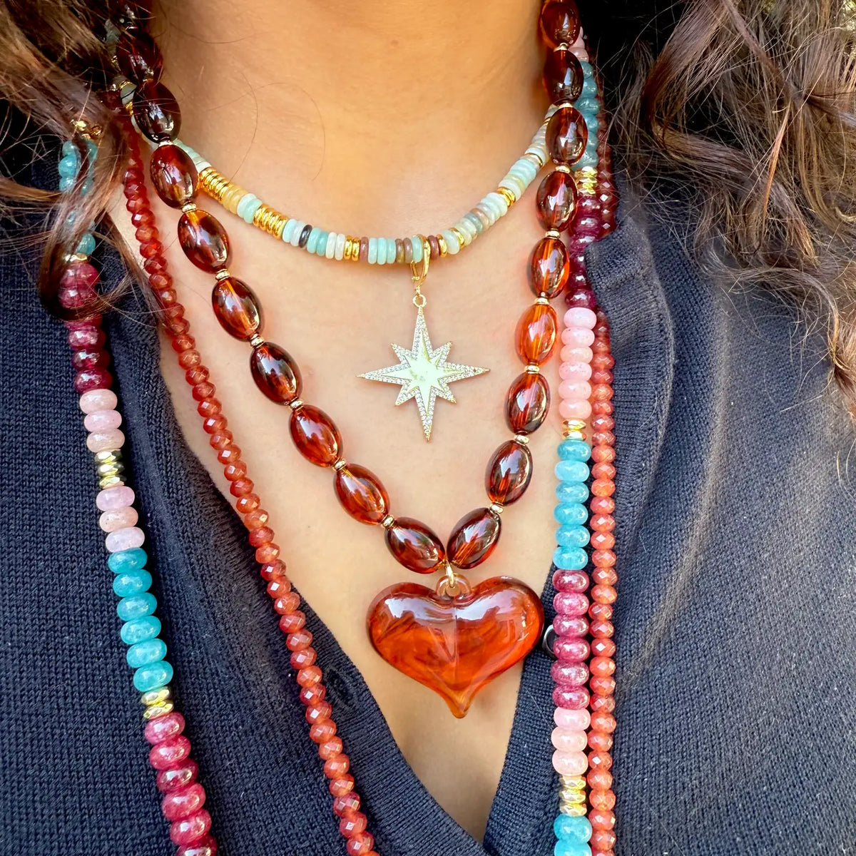 Gemelli Roxie Tortoise Beaded Necklace with Heart Charm Necklaces