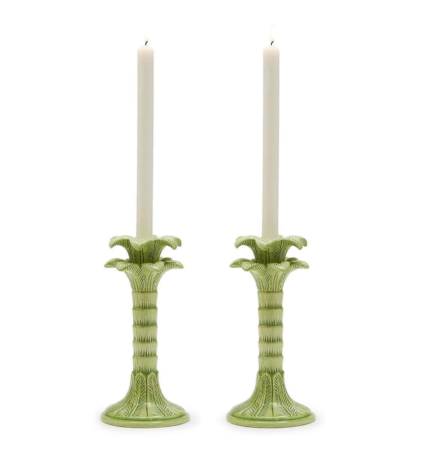 Green Palm Leaf Taper Candleholder Set