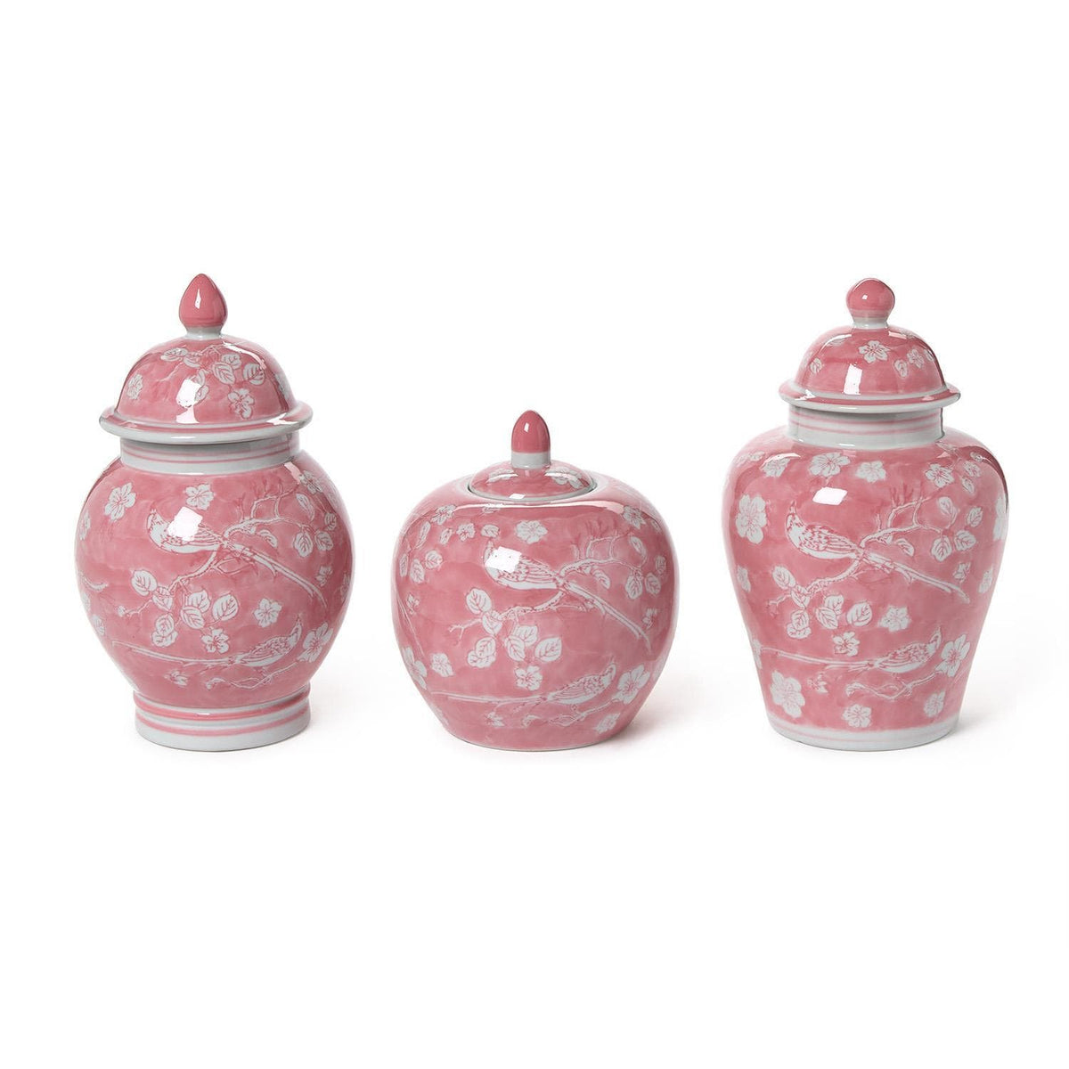Tozai Hand-Painted Pink Chinoiserie Covered Jars Decorative Jars