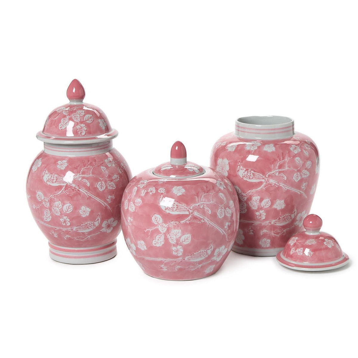 Tozai Hand-Painted Pink Chinoiserie Covered Jars Decorative Jars