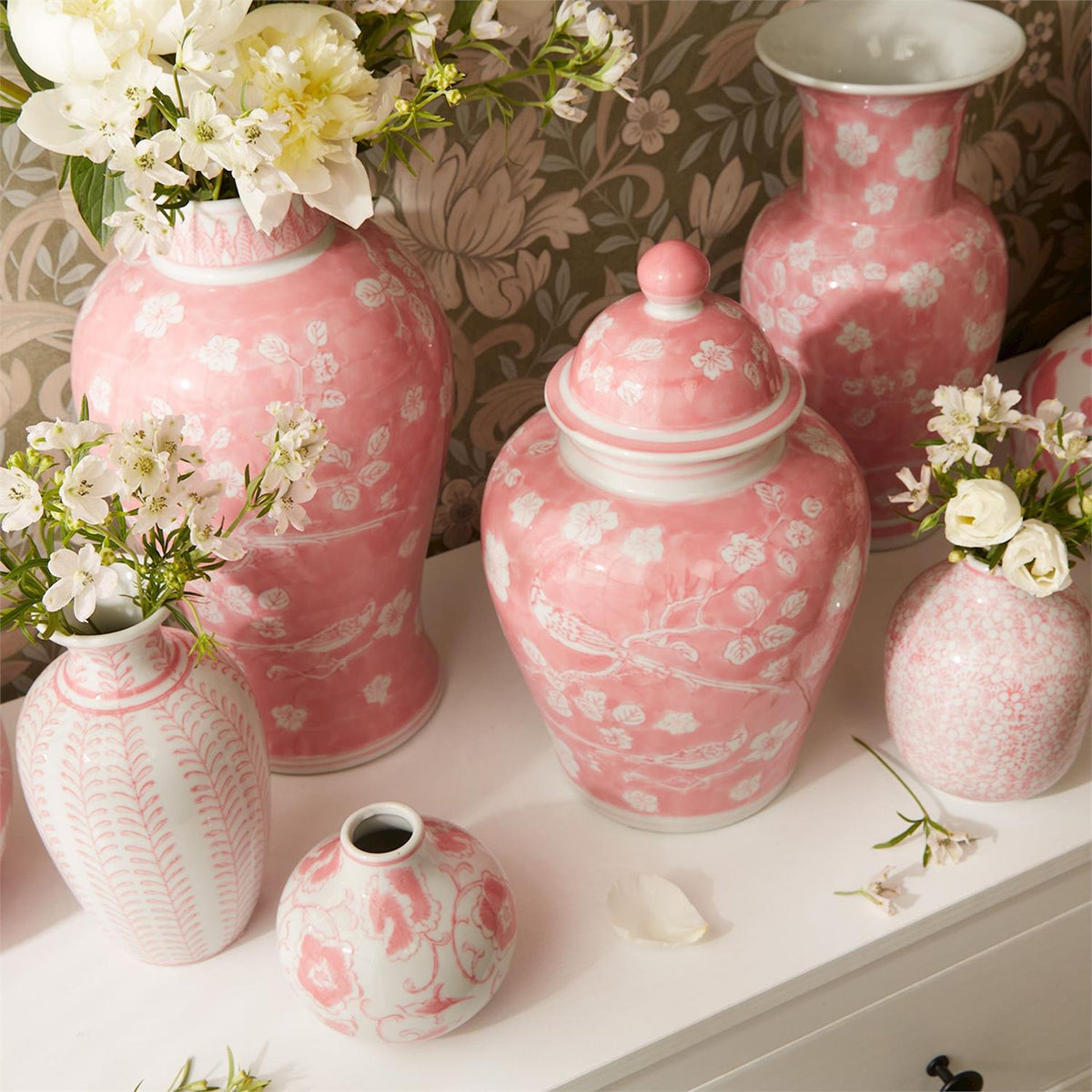 Tozai Hand-Painted Pink Chinoiserie Covered Jars Decorative Jars