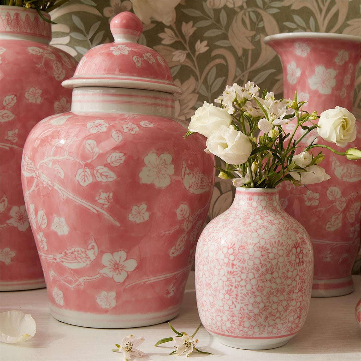 Tozai Hand-Painted Pink Chinoiserie Covered Jars Decorative Jars