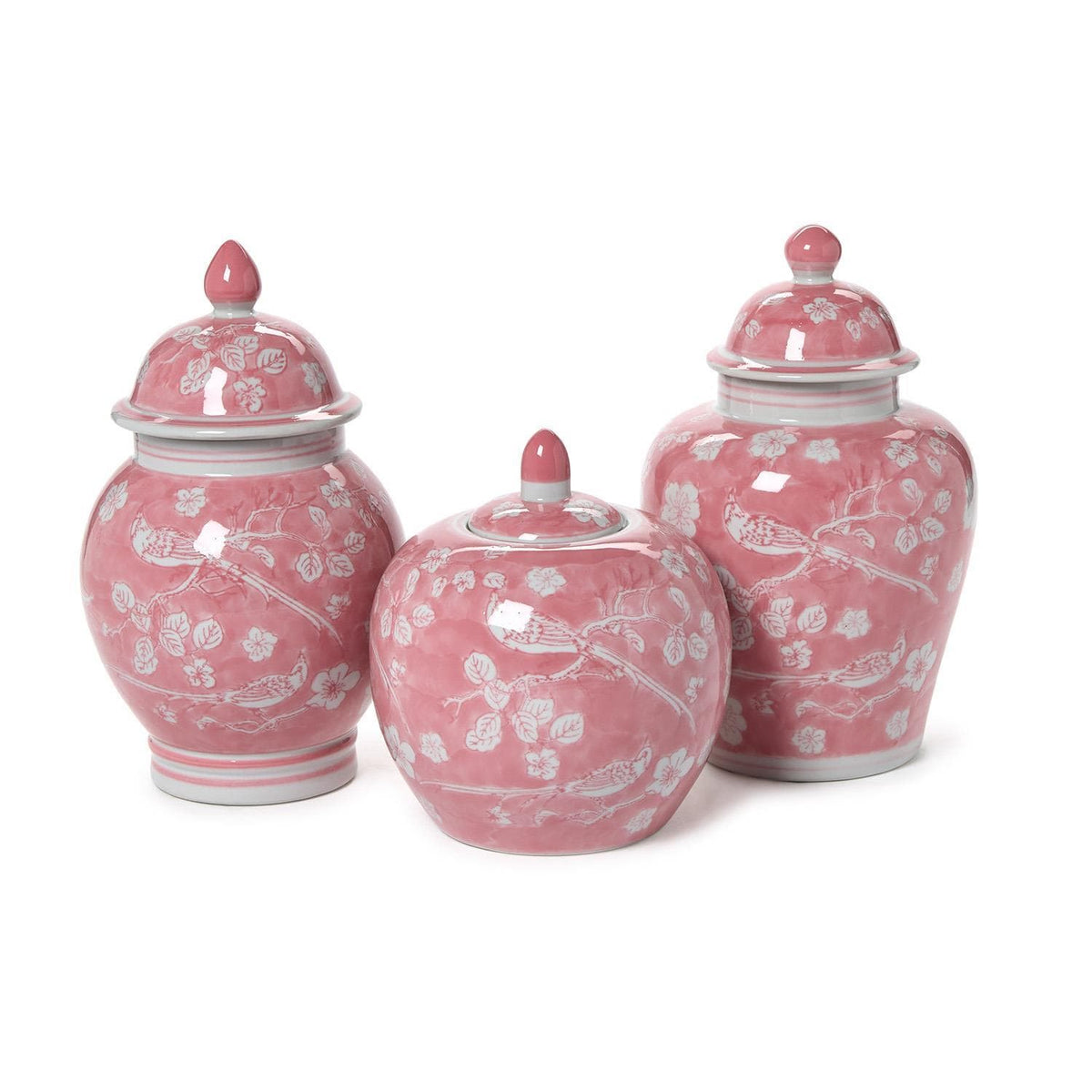 Tozai Hand-Painted Pink Chinoiserie Covered Jars Decorative Jars