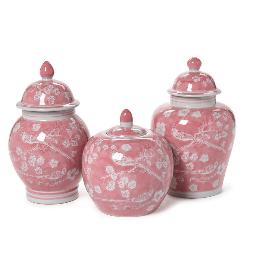 Hand-Painted Pink Chinoiserie Covered Jars