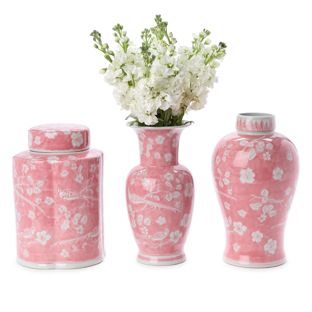 Tozai Hand-Painted Pink Chinoiserie Vases / Jar Vase