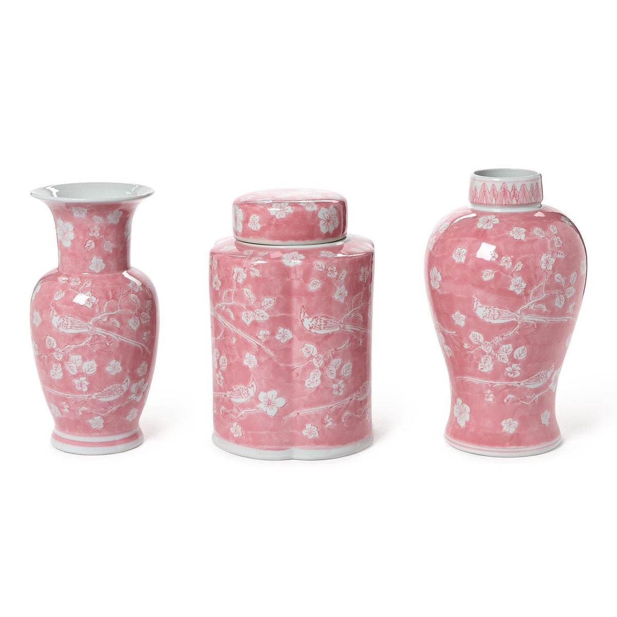 Tozai Hand-Painted Pink Chinoiserie Vases / Jar Vase