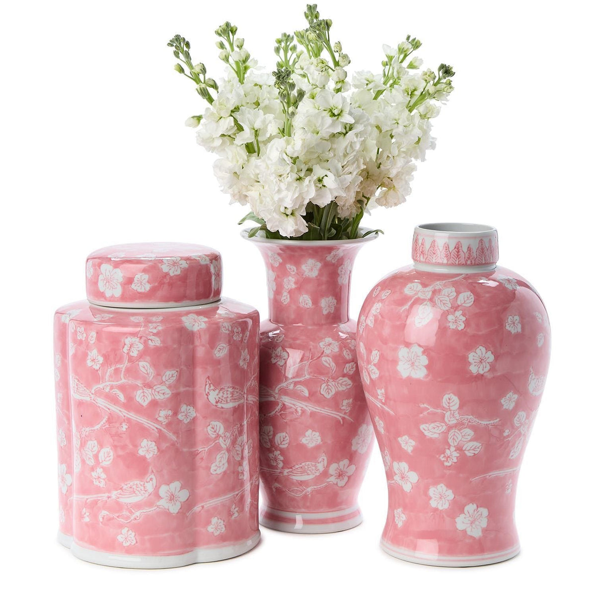 Tozai Hand-Painted Pink Chinoiserie Vases / Jar Vase