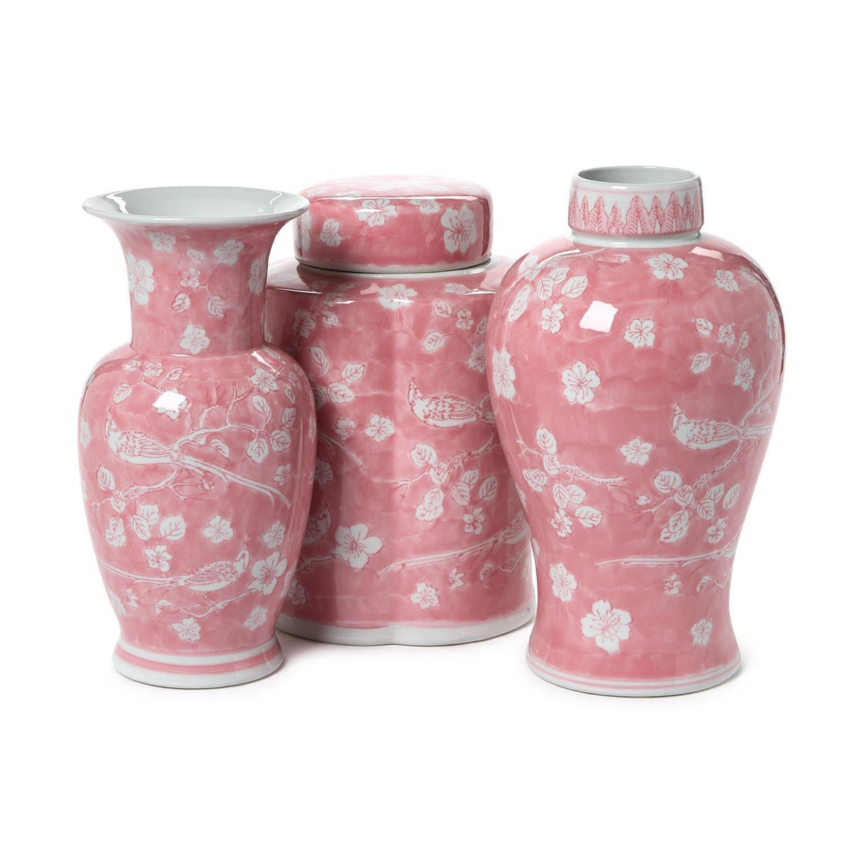 Tozai Hand-Painted Pink Chinoiserie Vases / Jar Vase