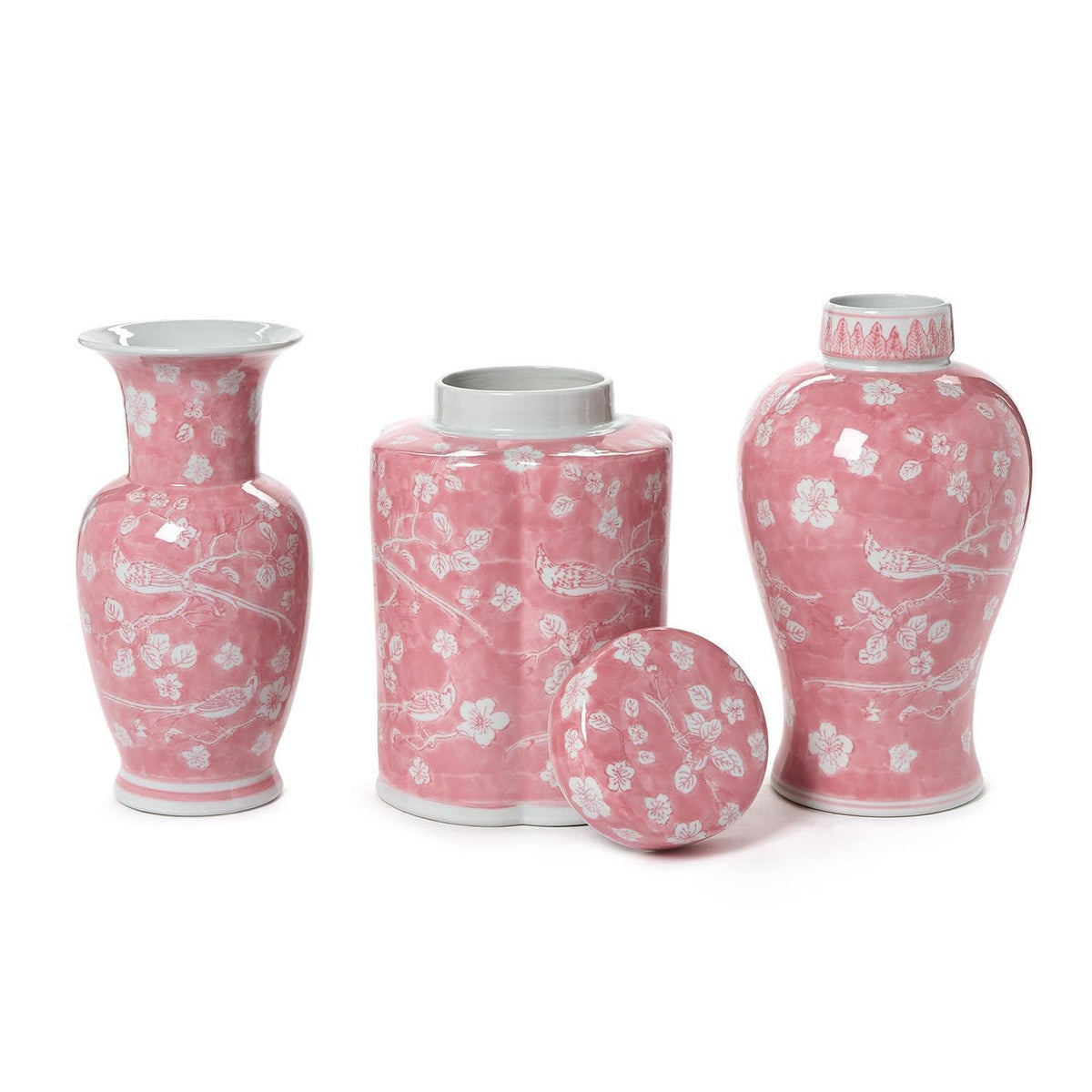 Tozai Hand-Painted Pink Chinoiserie Vases / Jar Vase