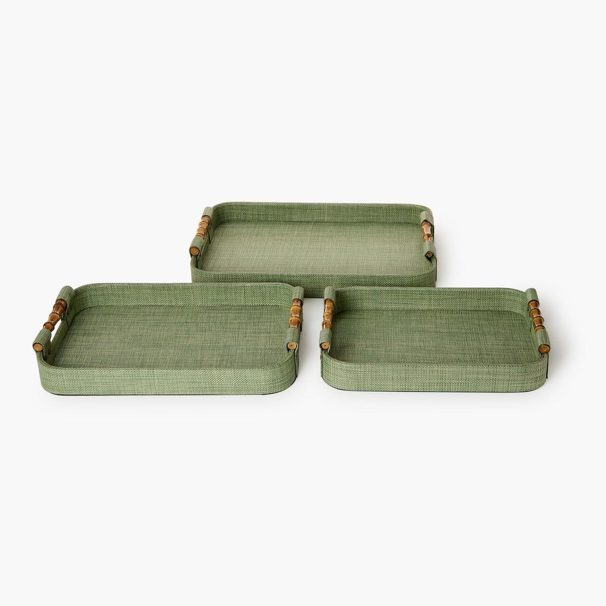 Tozai Monaco Green Faux Seagrass Nested Trays with Bamboo Handles Decorative Trays