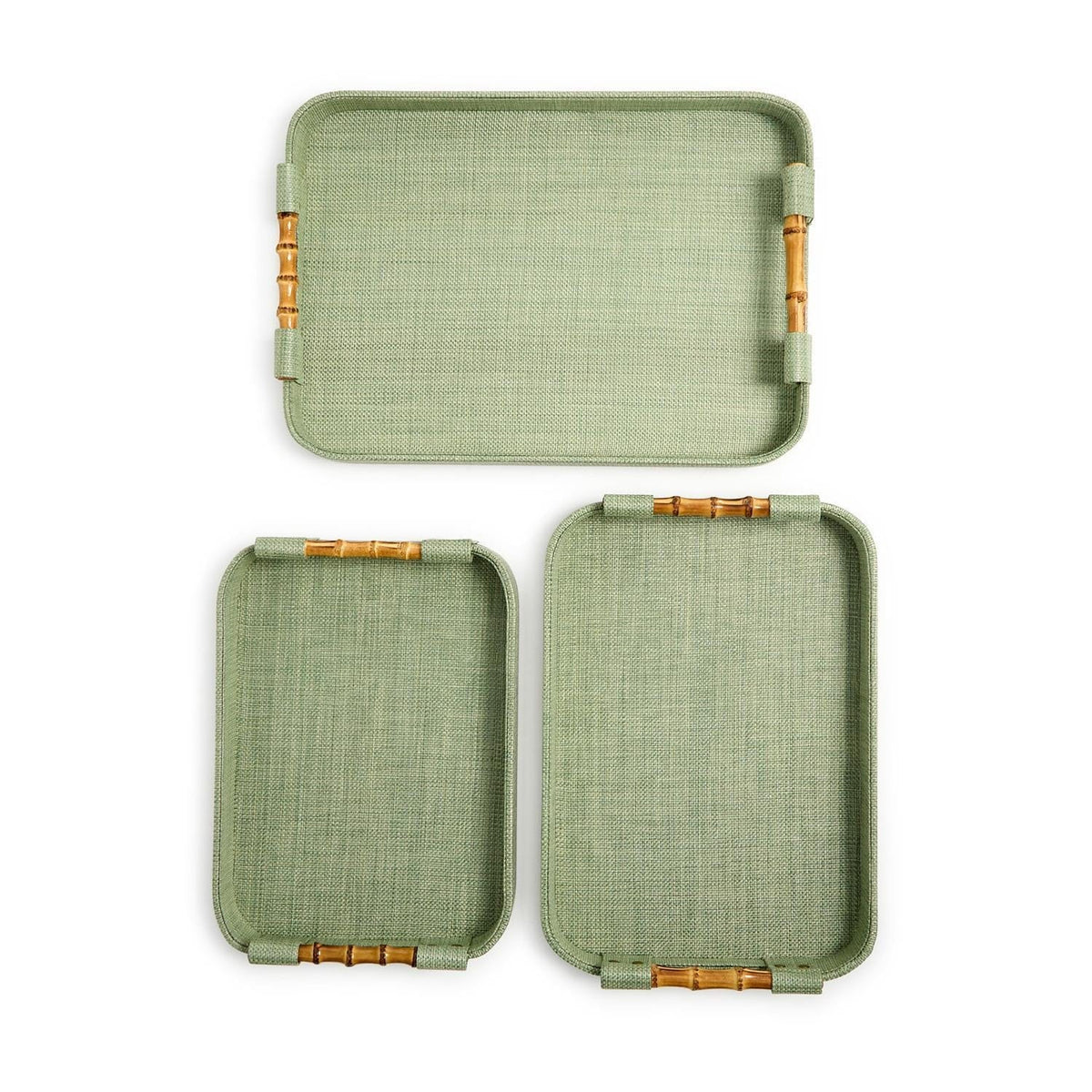 Tozai Monaco Green Faux Seagrass Nested Trays with Bamboo Handles Decorative Trays