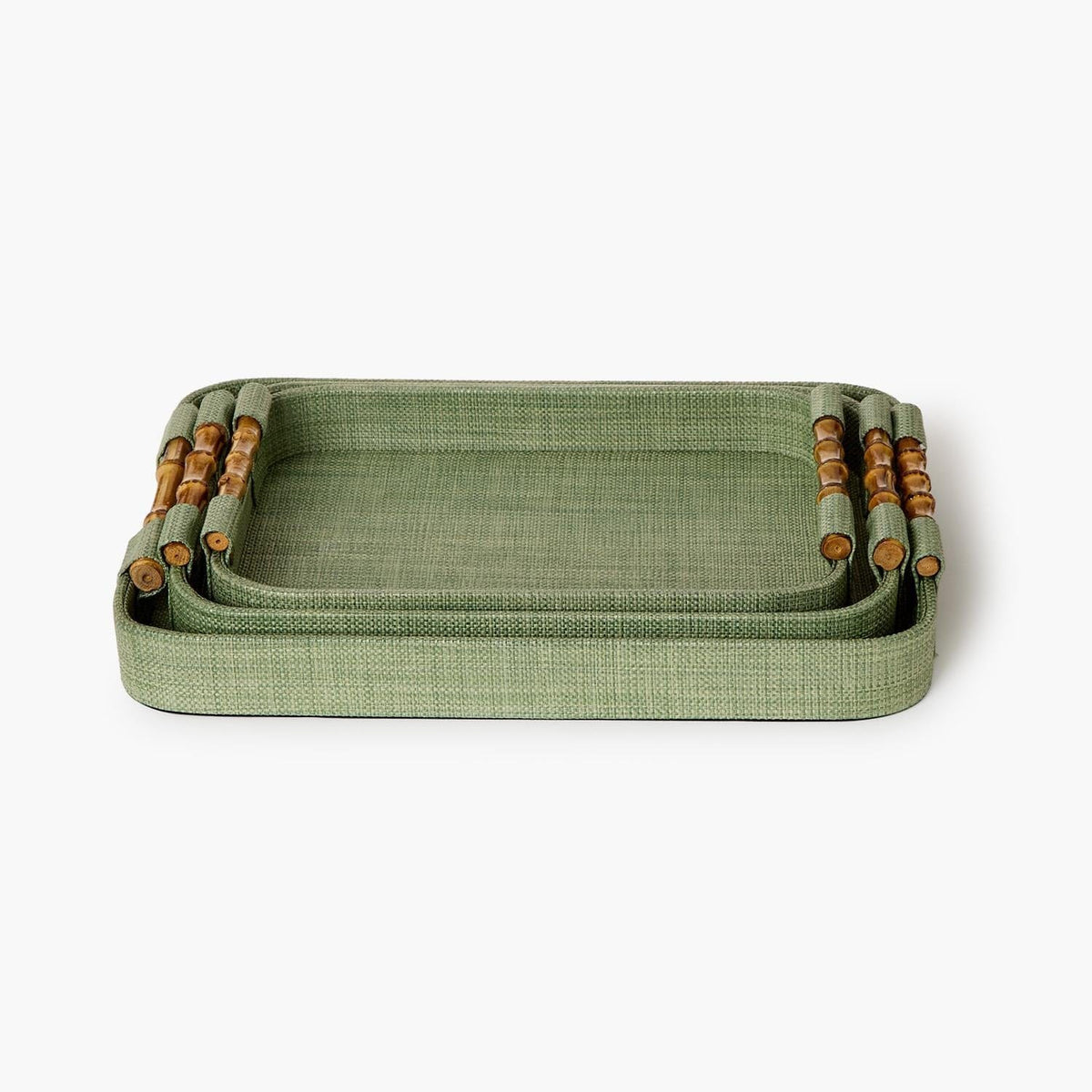 Tozai Monaco Green Faux Seagrass Nested Trays with Bamboo Handles Decorative Trays