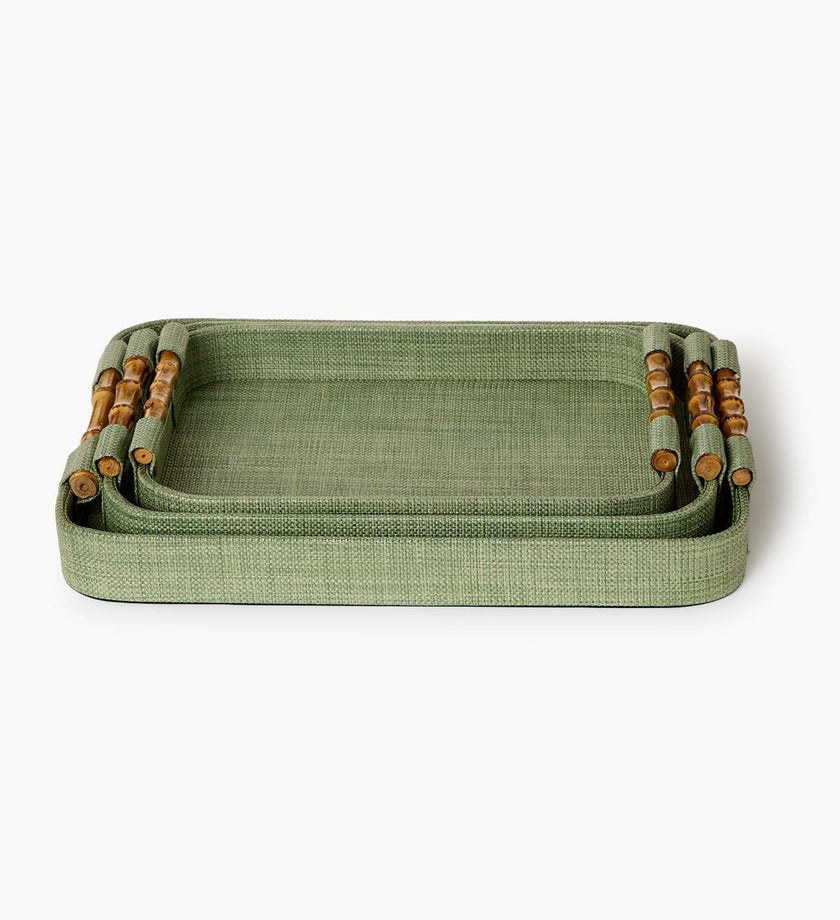 Monaco Green Faux Seagrass Nested Trays with Bamboo Handles