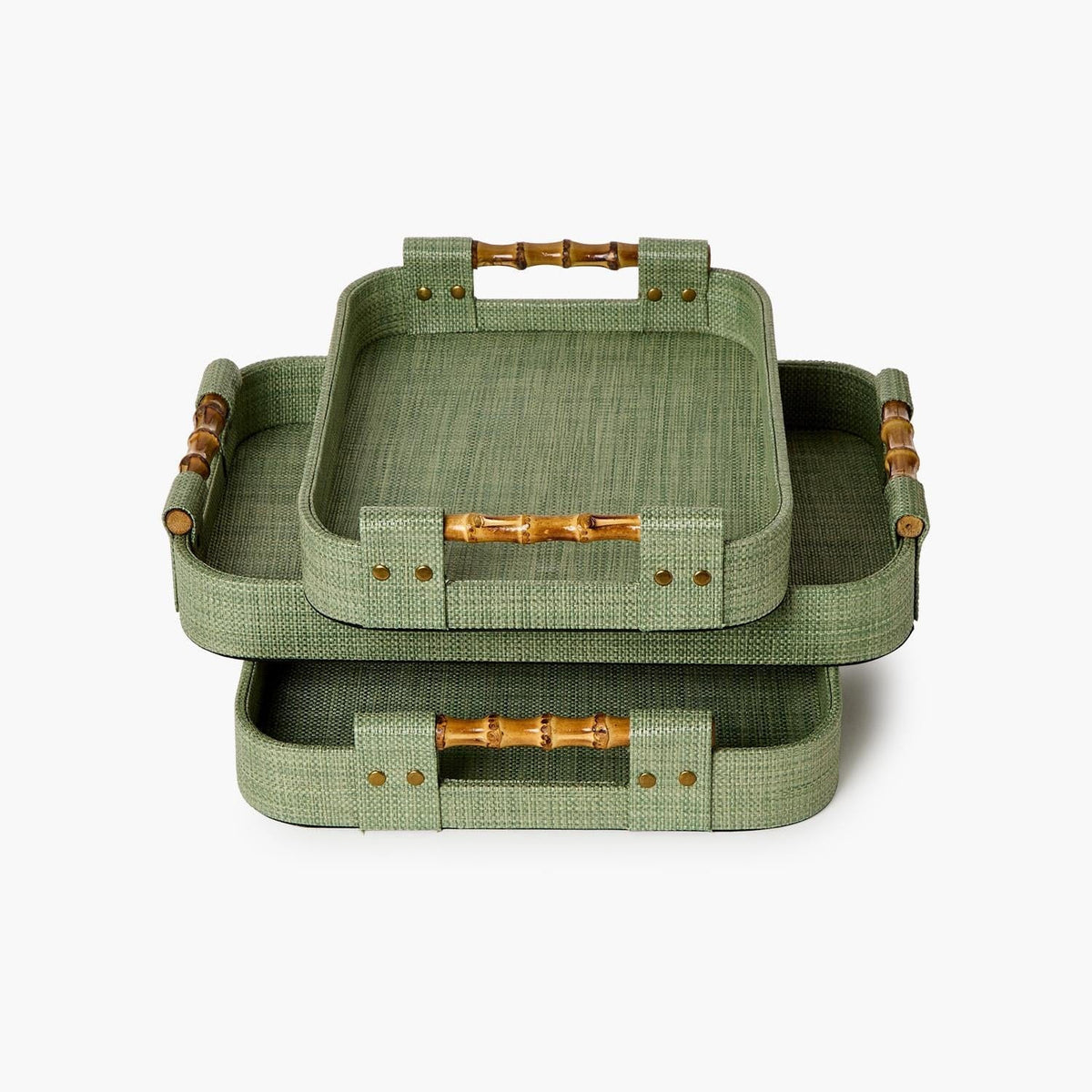 Tozai Monaco Green Faux Seagrass Nested Trays with Bamboo Handles Decorative Trays