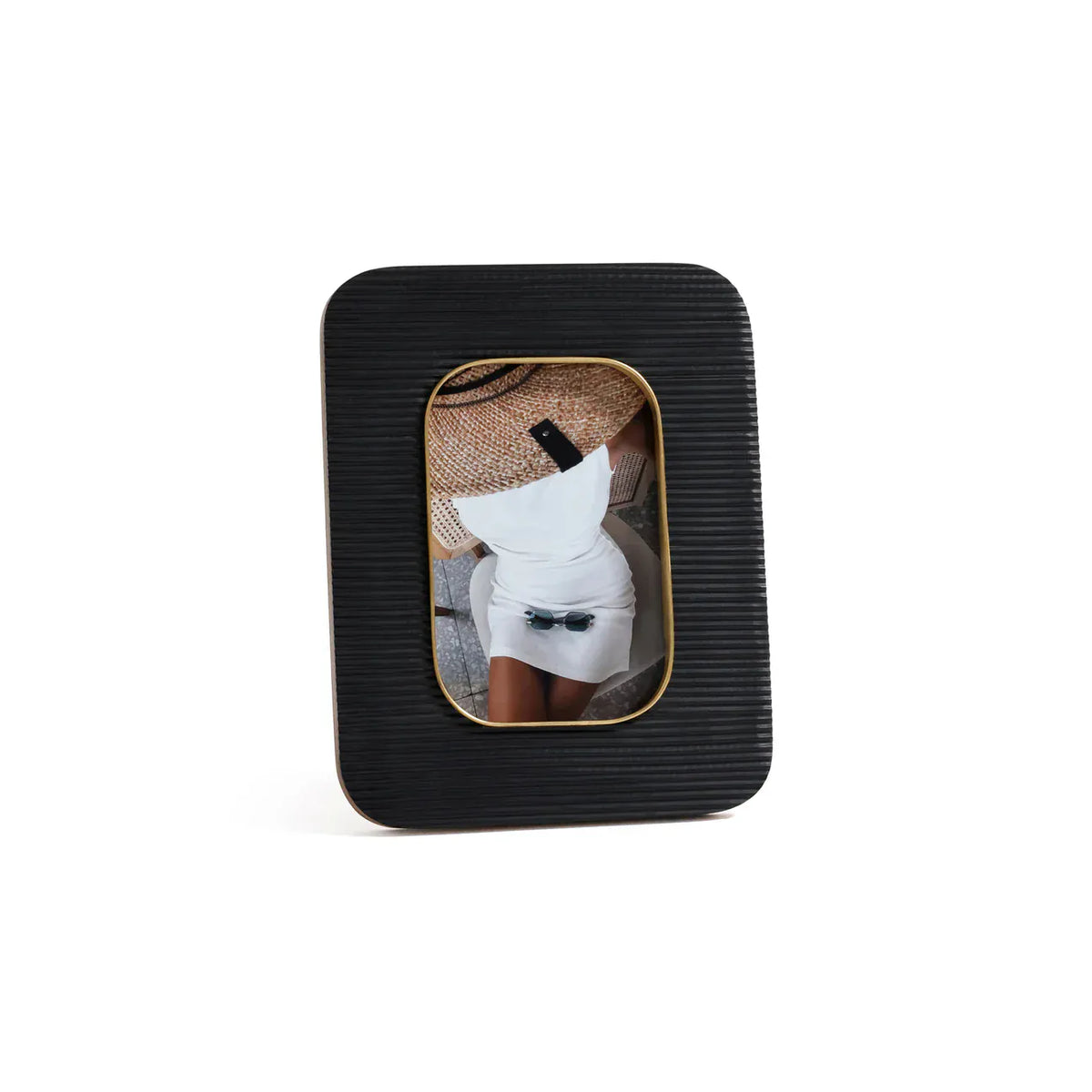Zodax 4 x 6 Black Resin Ribbed Photo Frame with Brass Accent Picture Frames IN-8528