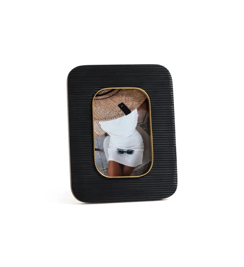 Black Resin Ribbed Photo Frame with Brass Accent