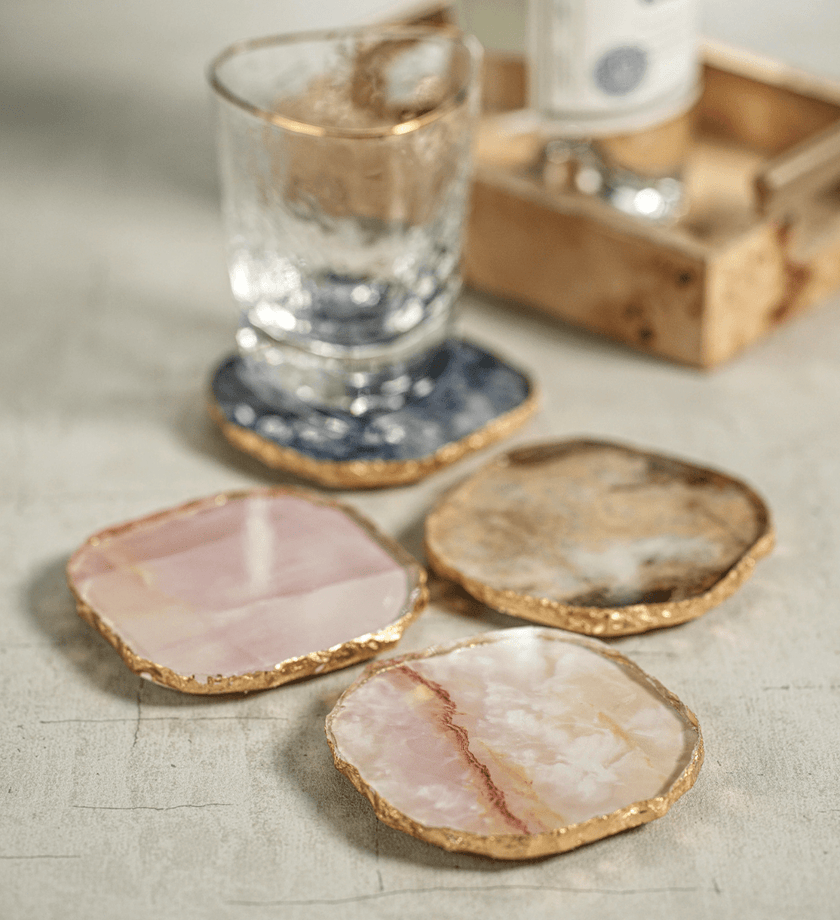 Agate Marble Glass Coaster with Gold Rim - Brown Tone - secondary