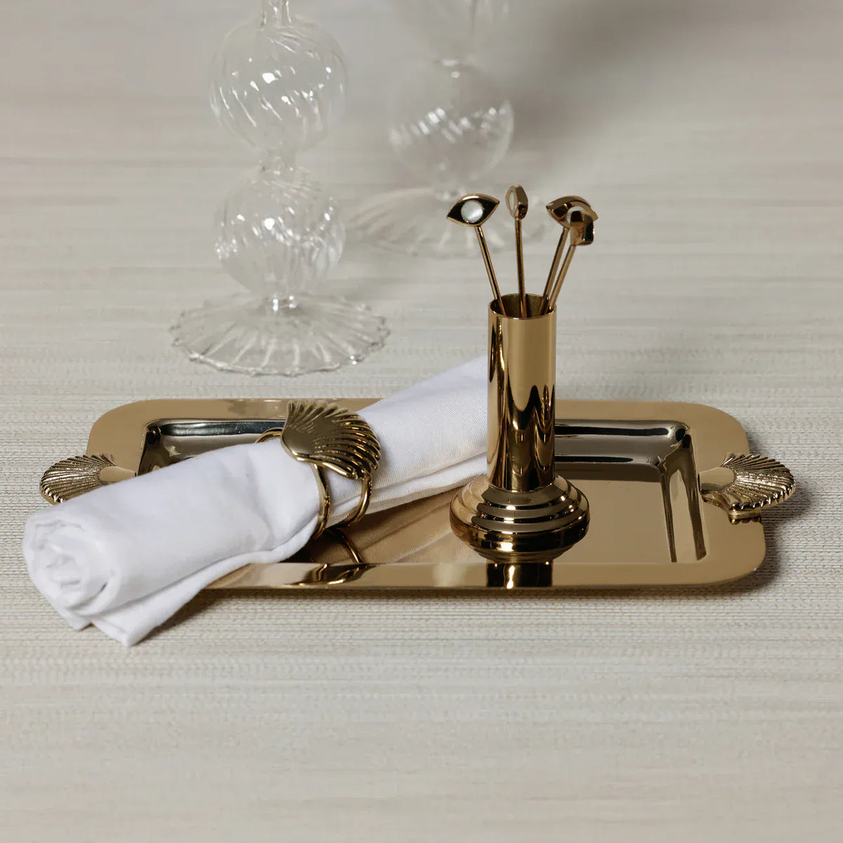 Zodax Evil Eye Set of 4 Cocktail Picks with Stand - Gold Alloy with Mother of Pearl Accent Cocktail Picks with Stand IN-8225