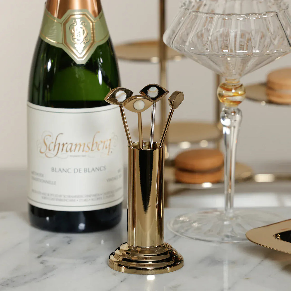 Zodax Evil Eye Set of 4 Cocktail Picks with Stand - Gold Alloy with Mother of Pearl Accent Cocktail Picks with Stand IN-8225