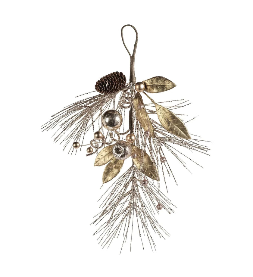 Golden Branch with Pine Cone and Ornament