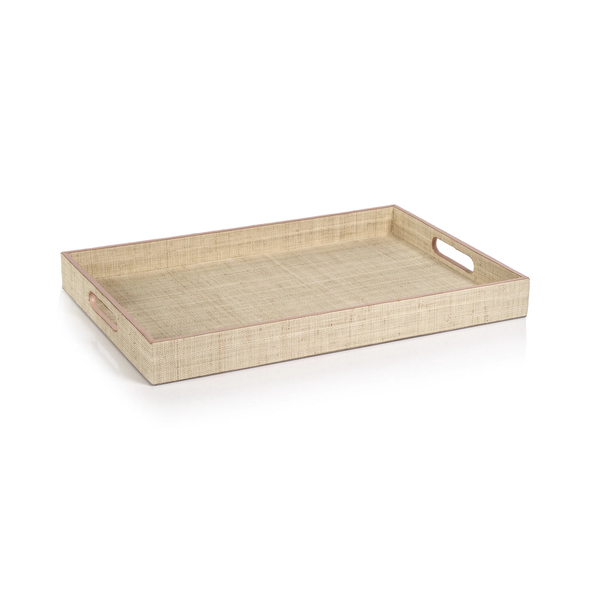 Zodax Large Lulu Natural Fiber Raffia Tray in Pink Leather Trim Decorative Trays NCX-3087