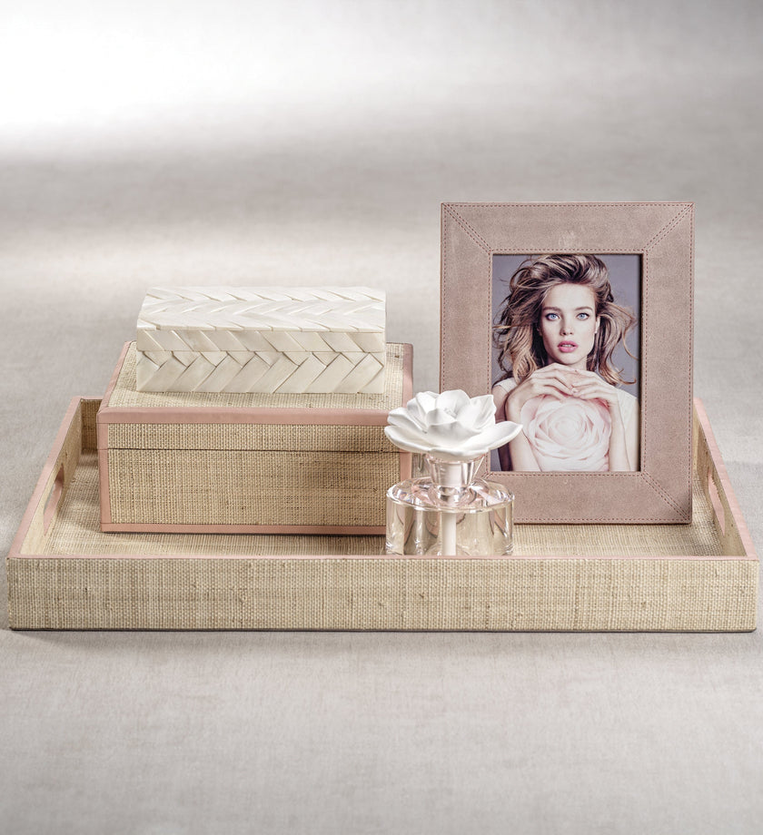 Lulu Natural Fiber Raffia Tray in Pink Leather Trim - secondary