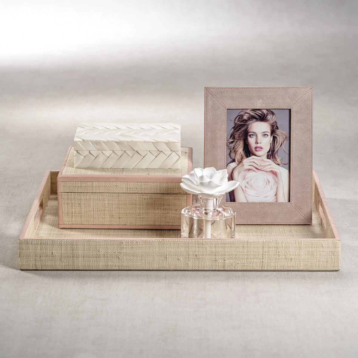 Zodax Lulu Raffia Box with Pink Leather Trim Accent Boxes
