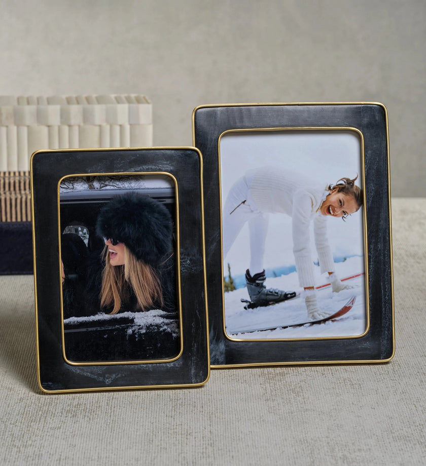 Marbled Black Resin Photo Frame with Antique Brass Trim - secondary