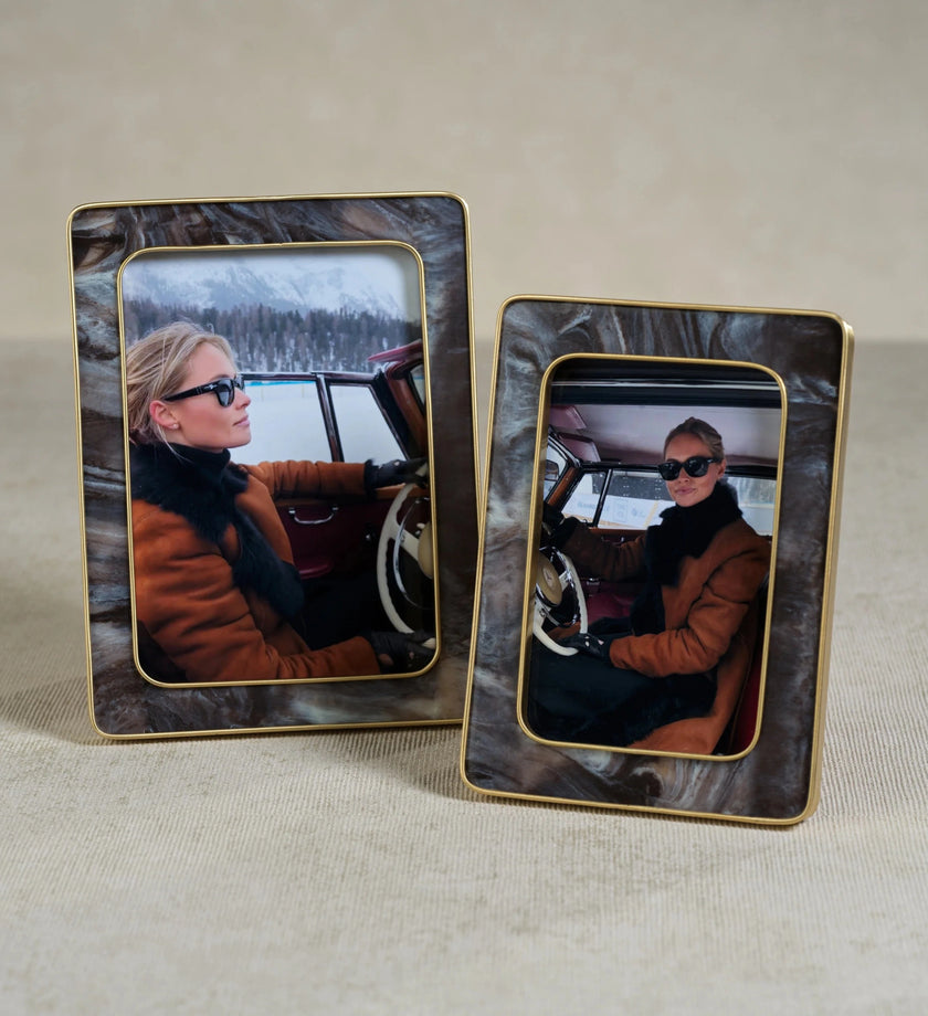 Marbled Hazel Resin Photo Frame with Antique Brass Trim - secondary
