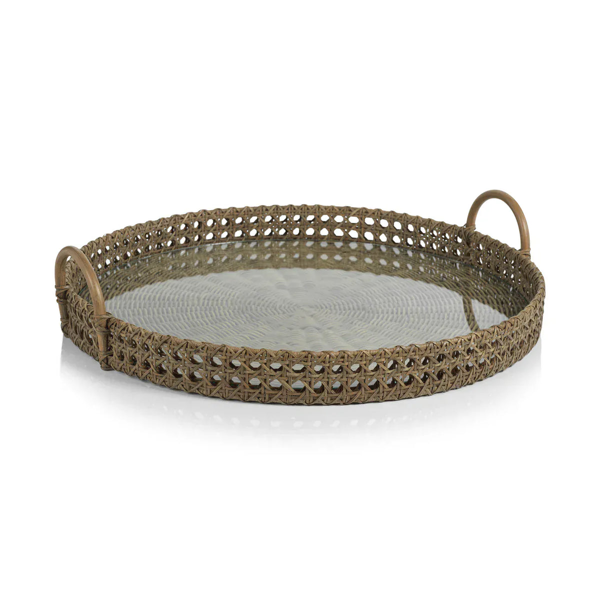 Zodax Mayfair Rattan Open Weave Round Tray with Clear Glass Serving Trays NCX-3046