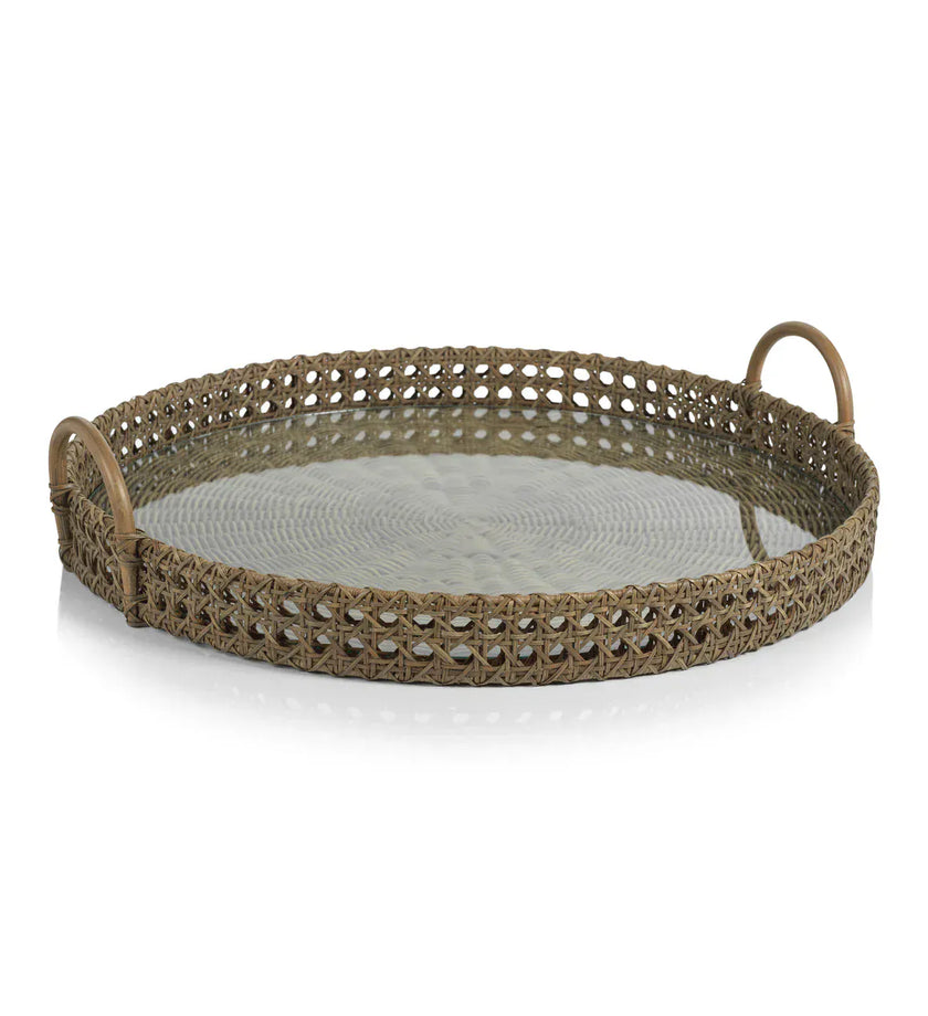 Mayfair Rattan Open Weave Round Tray with Clear Glass