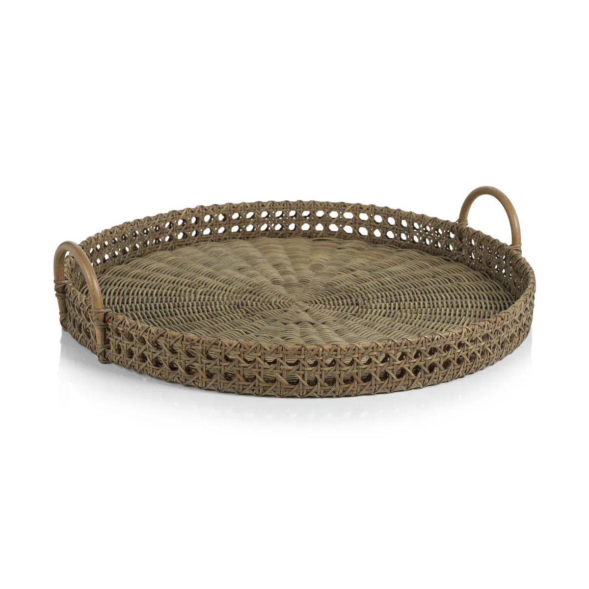 Zodax Mayfair Rattan Open Weave Round Tray with Clear Glass Serving Trays NCX-3046