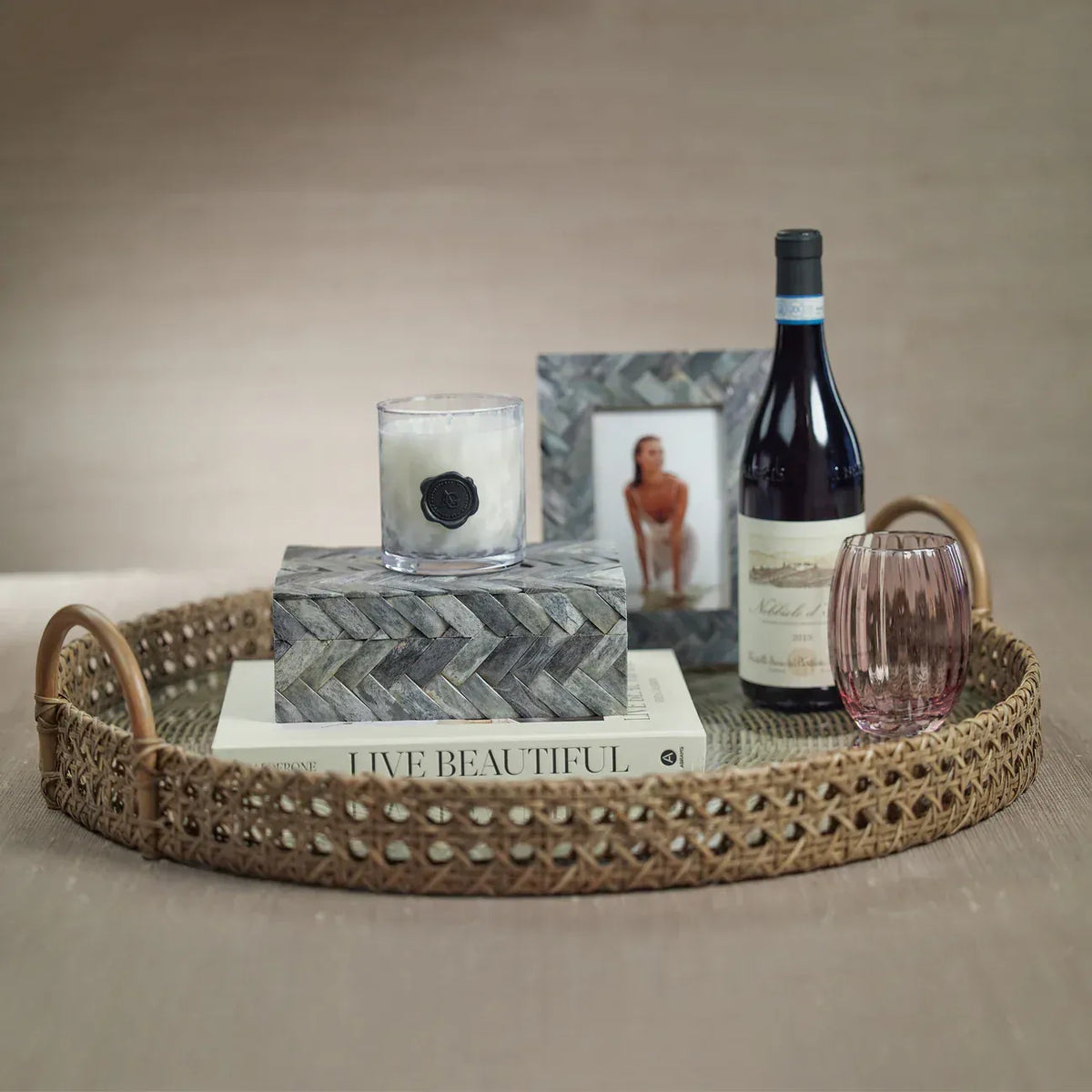 Zodax Mayfair Rattan Open Weave Round Tray with Clear Glass Serving Trays NCX-3046