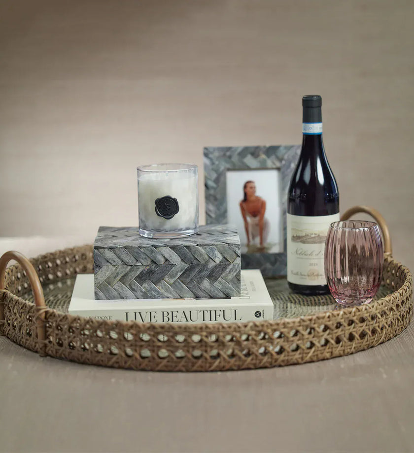 Mayfair Rattan Open Weave Round Tray with Clear Glass - secondary