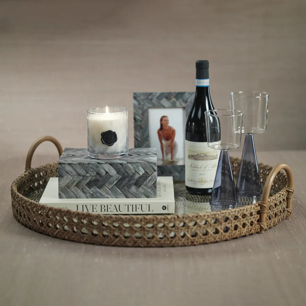 Zodax Mayfair Rattan Open Weave Round Tray with Clear Glass Serving Trays NCX-3046