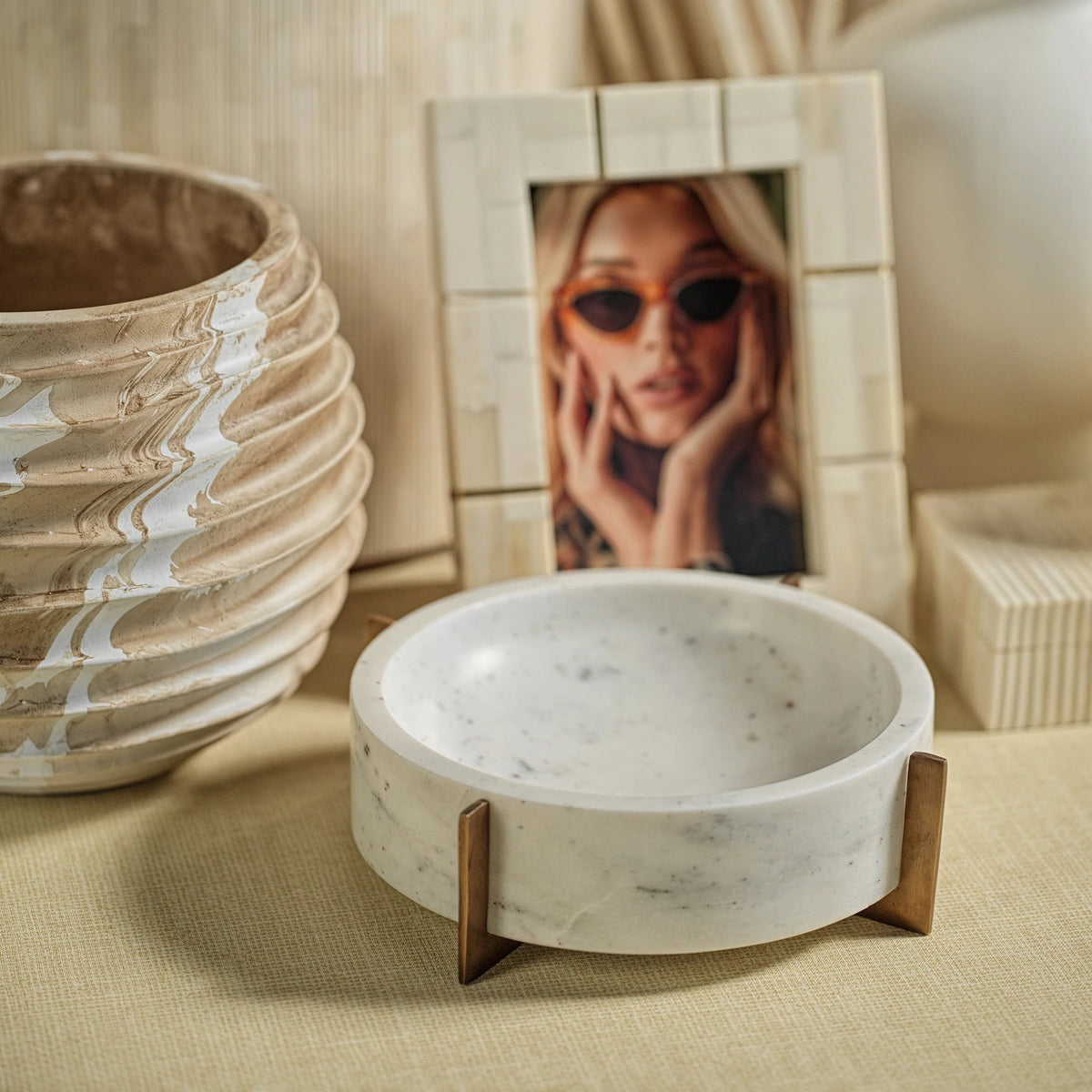 Zodax Nairobi White Marble Bowl on Brass Base Bowls IN-7171